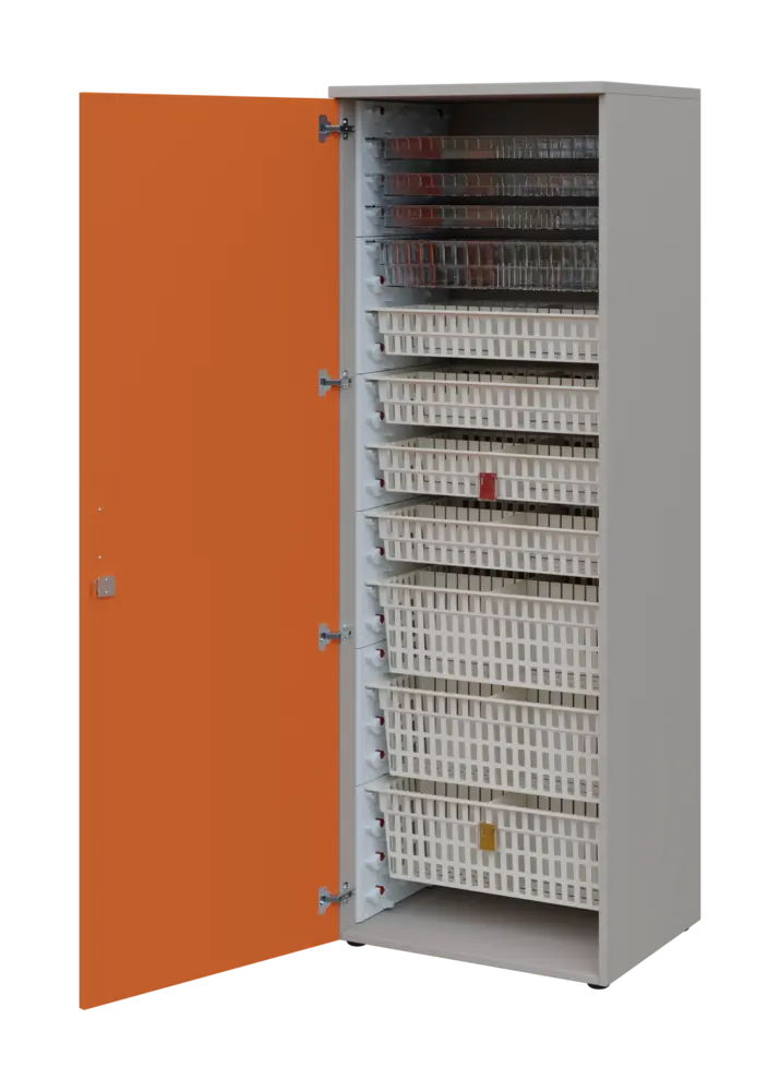 EUROMEDICA D - 66 skříň léková boxová, 1-dveřová, levá, 1950x660x535, korpus šedý, dvířka mandarinka